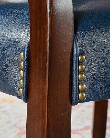 Dining Chairs with Casters and Arms, Rolling Dining Chairs with Wheels, Accent Game Poker Table Chairs, Solid Wood Boss Caption's Chairs Office Desk Chairs, Cherry Legs & Blue SY-1533-LB - LeafyLoom