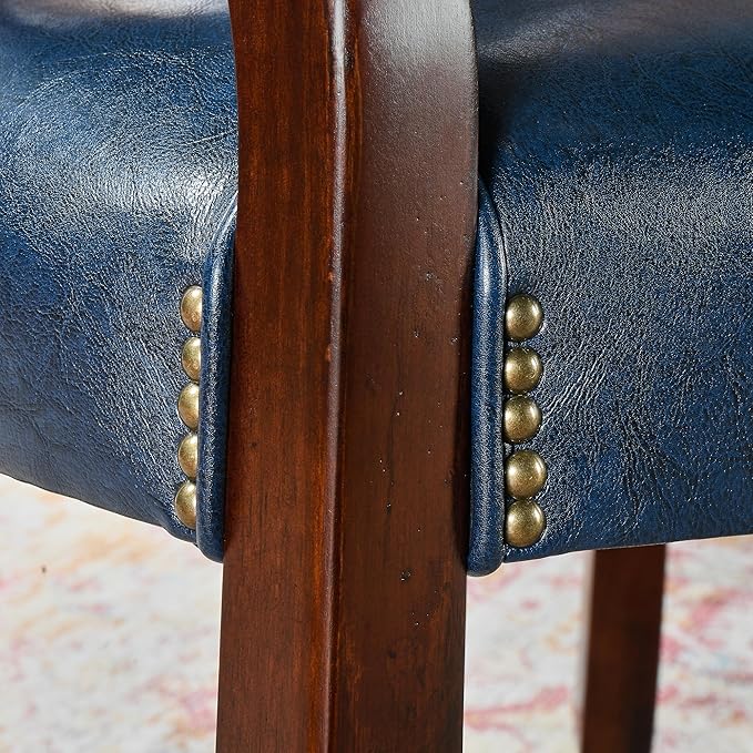 Dining Chairs with Casters and Arms, Rolling Dining Chairs with Wheels, Accent Game Poker Table Chairs, Solid Wood Boss Caption's Chairs Office Desk Chairs, Cherry Legs & Blue SY-1533-LB - LeafyLoom