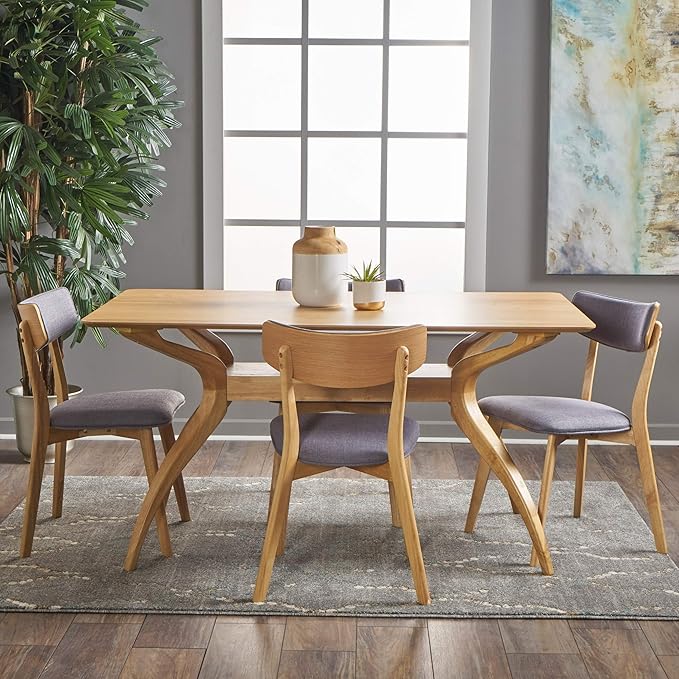 Christopher Knight Home Nissie Mid-Century Wood Dining Set with Fabric Chairs, 5-Pcs Set, Natural Oak Finish / Dark Grey - LeafyLoom