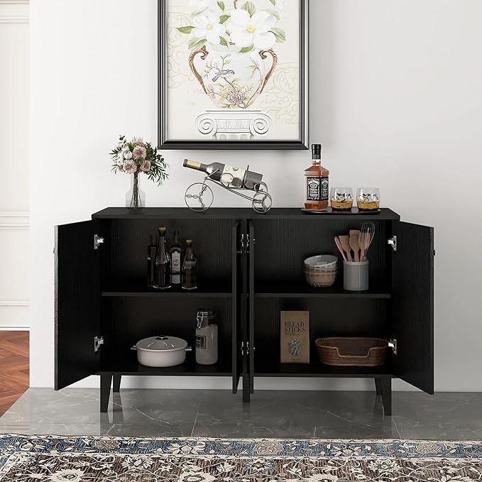Panana Sideboard Buffet Cabinet Kitchen Storage Cabinet Living Room 4 Doors Console Table (Black) - LeafyLoom