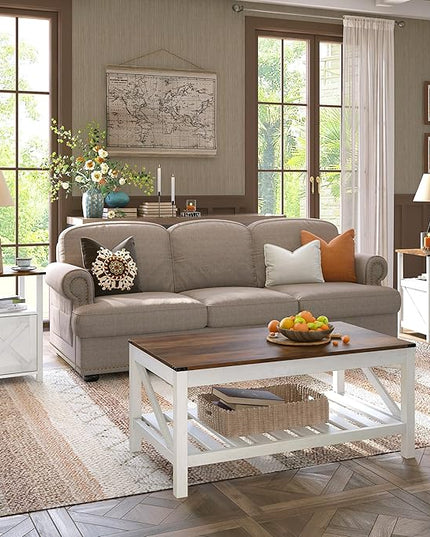 Farmhouse Coffee Table with 2-Tier Shelves - Rectangular Coffee Table with Storage for Living Room, Wood Coffee Table with Sturdy Frame, Brown - LeafyLoom