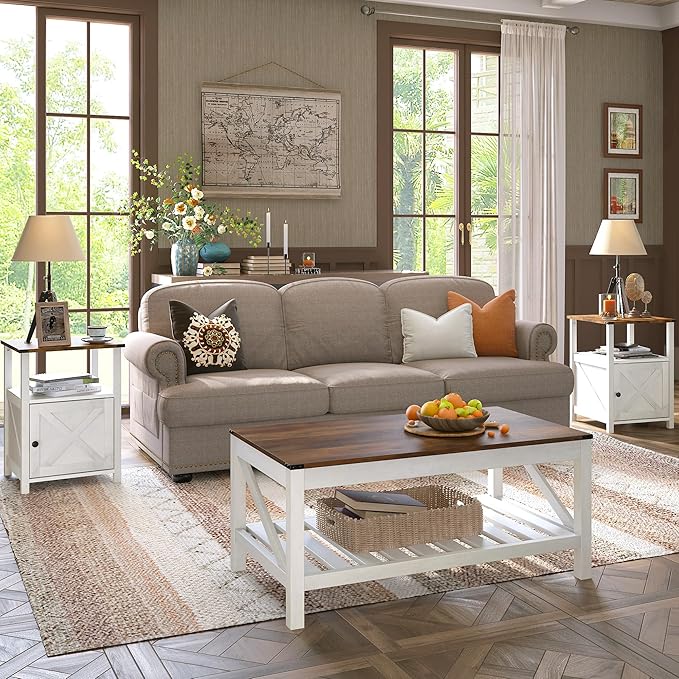 Farmhouse Coffee Table with 2-Tier Shelves - Rectangular Coffee Table with Storage for Living Room, Wood Coffee Table with Sturdy Frame, Brown - LeafyLoom