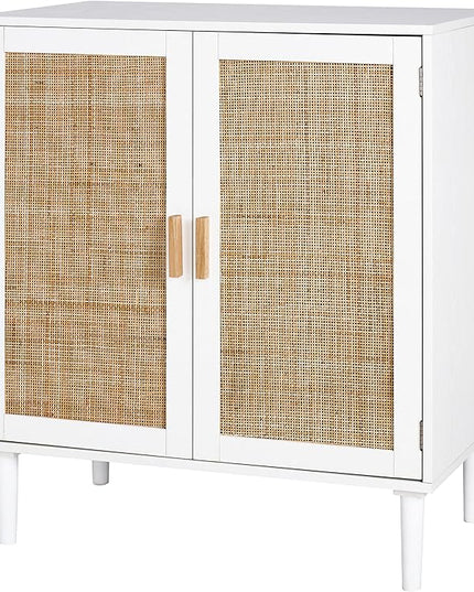 Finnhomy Sideboard Buffet Storage Liquor Cabinet with Rattan Decorated Doors, Kitchen, Dining Room, Hallway, Cupboard Console Table, Accent Cabinet, 31.5X 15.8X 34.6 Inches, White - LeafyLoom