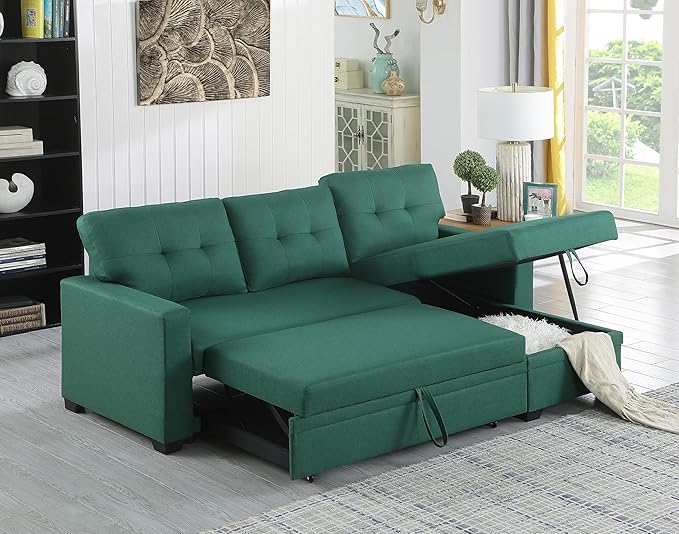 Sectional Sofa with Tufted Seat & Back Cushion,Solid Wood Frame Dsign, Linen Reversible w/Storage Chaise and Pull-Out Sleeper for Home, Small Space Apartment, 82 Inch, Green - LeafyLoom