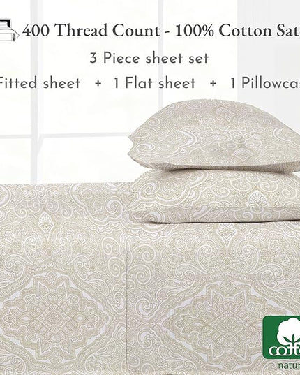 California Design Den Paisley Sheet Set Twin XL Size, 400 Thread Count, 100% Cotton Sateen 3 Pc Twin XL Size Sheets Set, Deep Pocket Sheets & Pillowcase Set - Paisley - Beige - LeafyLoom