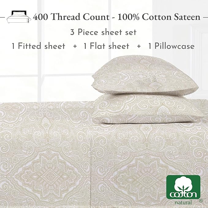 California Design Den Paisley Sheet Set Twin XL Size, 400 Thread Count, 100% Cotton Sateen 3 Pc Twin XL Size Sheets Set, Deep Pocket Sheets & Pillowcase Set - Paisley - Beige - LeafyLoom