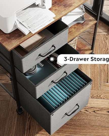 DEVAISE 3 Drawer Mobile File Cabinet, Rolling Printer Stand with Open Storage Shelf, Fabric Lateral Filing Cabinet fits A4 or Letter Size for Home Office, Rustic Brown - LeafyLoom