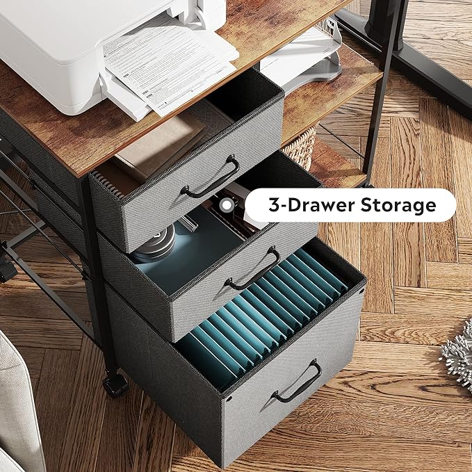 DEVAISE 3 Drawer Mobile File Cabinet, Rolling Printer Stand with Open Storage Shelf, Fabric Lateral Filing Cabinet fits A4 or Letter Size for Home Office, Rustic Brown - LeafyLoom