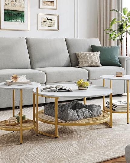 LINSY Home Round Coffee Table Set of 3 for Living Room, Modern Coffee Table with Open Storage, Wood Surface Top & Sturdy Metal Legs Large Circle Coffee Table, White and Gold - LeafyLoom