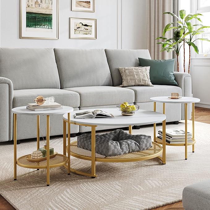 LINSY Home Round Coffee Table Set of 3 for Living Room, Modern Coffee Table with Open Storage, Wood Surface Top & Sturdy Metal Legs Large Circle Coffee Table, White and Gold - LeafyLoom