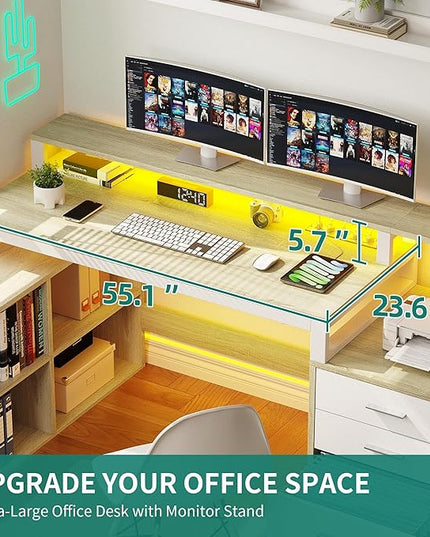 YITAHOME L Shaped Desk with 3 Drawers, 65" Corner Computer Desk with Power Outlets & LED Lights, L-Shaped Desk with File Cabinet & Printer Stand for Home Office, White & Oak - LeafyLoom
