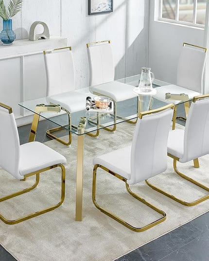 NicBex Modern Minimalist Style Rectangular Glass Dining Table with Tempered Glass Tabletop and Golden Metal Legs Suitable for Kitchen, Dining Room and Living Room, Golden - LeafyLoom