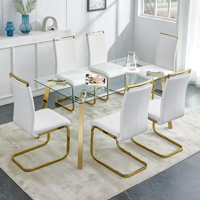 NicBex Modern Minimalist Style Rectangular Glass Dining Table with Tempered Glass Tabletop and Golden Metal Legs Suitable for Kitchen, Dining Room and Living Room, Golden - LeafyLoom