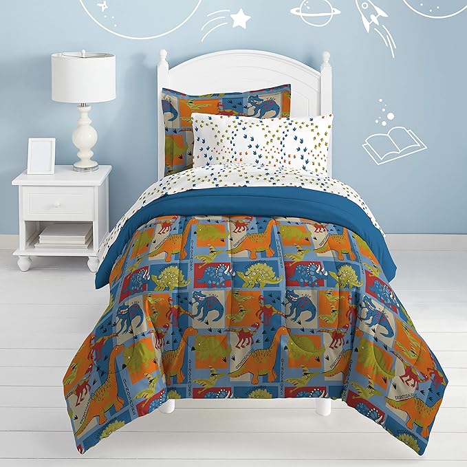 Dream Factory Dinosaur Blocks Ultra Soft Microfiber Boys Comforter Set, Blue, Twin - LeafyLoom