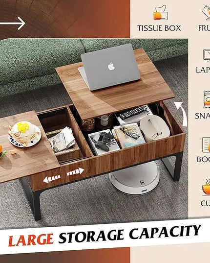 WLIVE Lift Top Coffee Table for Living Room,Modern Wood Coffee Table with Storage,Hidden Compartment and Drawer for Apartment, Home, Retro, Walnut Oak. - LeafyLoom