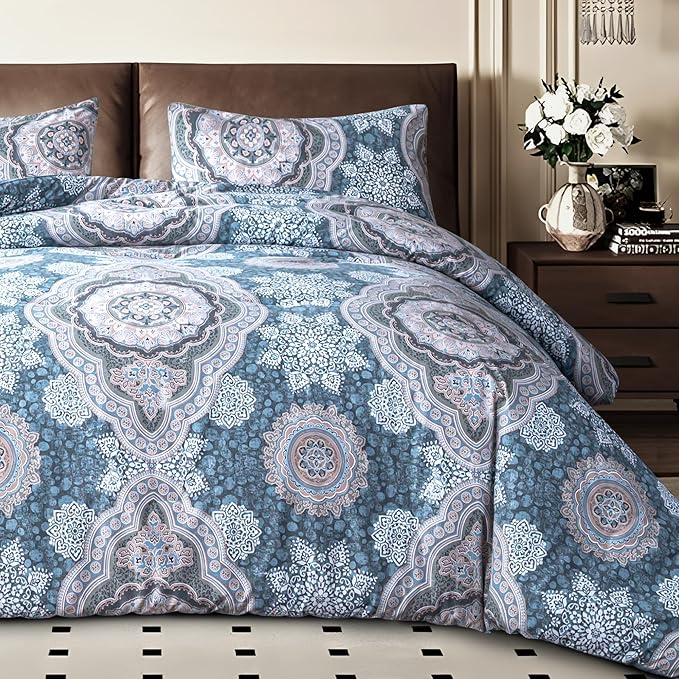 Sophia & William King Size Comforter Set for All Season, 3 Pcs Bedding Set with Foggy Blue Printed Comforter with & 2 Pillowcases - LeafyLoom