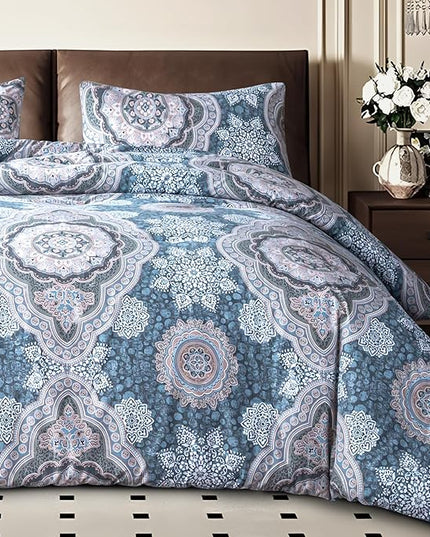 Sophia & William Queen Size Comforter Set for All Season, 3 Pcs Bedding Set with Foggy Blue Printed Comforter with & 2 Pillowcases - LeafyLoom