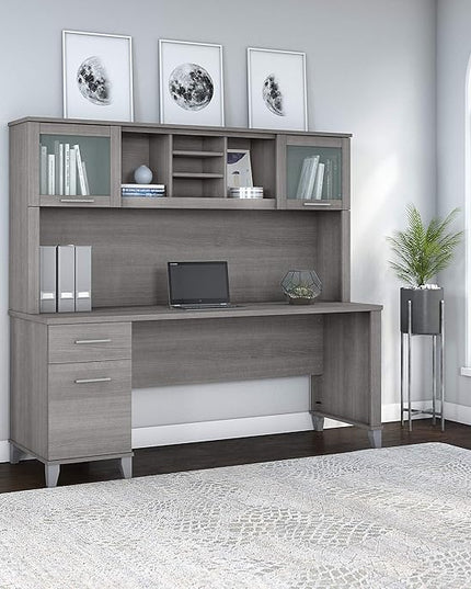 Bush Furniture Somerset 72W Office Desk with Drawers and Hutch in Platinum Gray - LeafyLoom