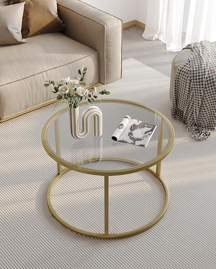 SAYGOER Small Glass Coffee Table Round Gold Coffee Table for Small Space Modern Simple Center Table with Gold Frame for Living Room Home Office, Easy Assembly - LeafyLoom
