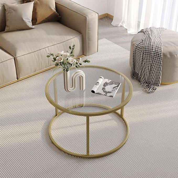 SAYGOER Small Glass Coffee Table Round Gold Coffee Table for Small Space Modern Simple Center Table with Gold Frame for Living Room Home Office, Easy Assembly - LeafyLoom