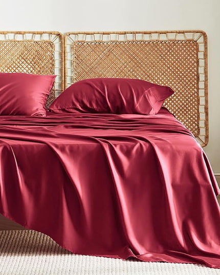 Bedsure Queen Sheets, Rayon Derived from Bamboo, Queen Cooling Sheet Set, Deep Pocket Up to 16", Breathable & Soft Bed Sheets, Hotel Luxury Silky Bedding Sheets & Pillowcases, Burgundy - LeafyLoom