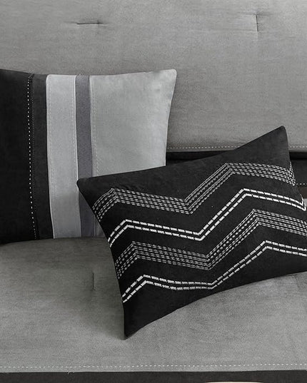 Madison Park Palisades Comforter Set Modern Faux Suede Pieced Stripe Design, All Season Down Alternative Cozy Bedding with Matching Shams, Decorative Pillows, Queen(90"x90"), Black 7 Piece - LeafyLoom