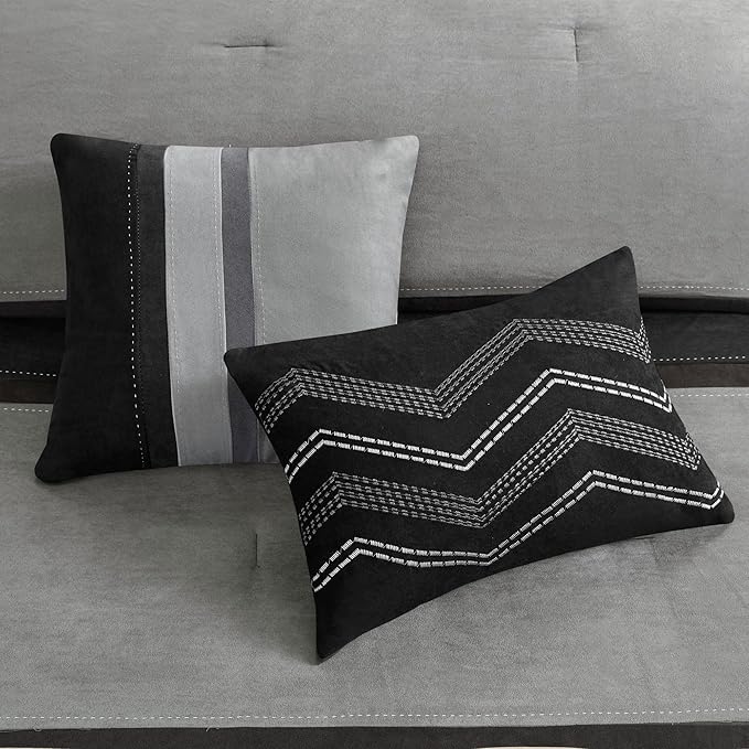 Madison Park Palisades Comforter Set Modern Faux Suede Pieced Stripe Design, All Season Down Alternative Cozy Bedding with Matching Shams, Decorative Pillows, Queen(90"x90"), Black 7 Piece - LeafyLoom