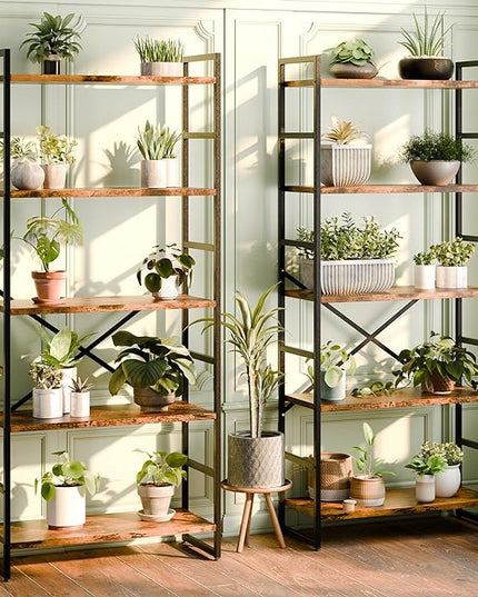 Shintenchi 2 Pieces 5 Tiers Bookshelf, Classically Tall Bookcase Shelf, Industrial Book Rack, Modern Book Holder in Bedroom/Living Room/Home/Office, Storage Rack Shelves for Books/movies-Rustic Brown - LeafyLoom