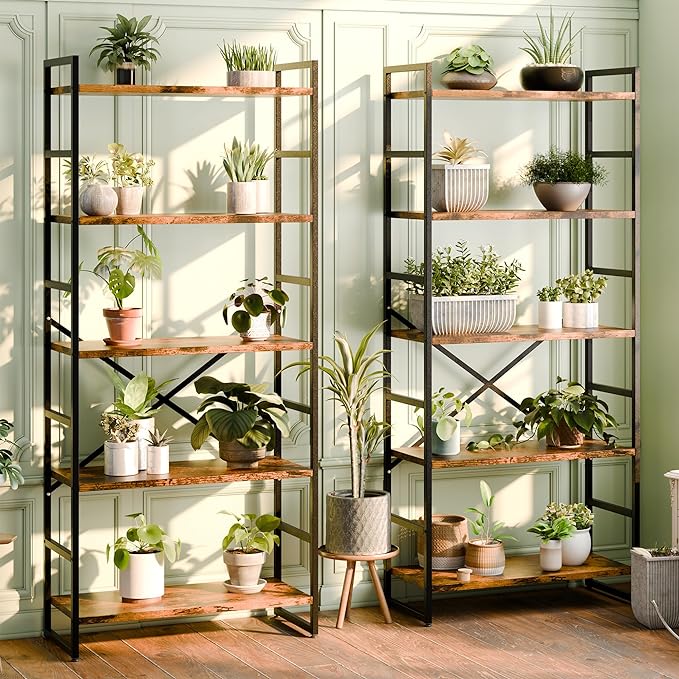 Shintenchi 2 Pieces 5 Tiers Bookshelf, Classically Tall Bookcase Shelf, Industrial Book Rack, Modern Book Holder in Bedroom/Living Room/Home/Office, Storage Rack Shelves for Books/movies-Rustic Brown - LeafyLoom