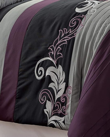 Chezmoi Collection Napa 7-Piece Luxury Leaves Scroll Embroidery Bedding Comforter Set (Queen, Purple/Black/Gray) - LeafyLoom