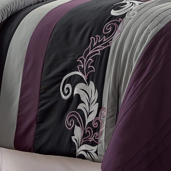 Chezmoi Collection Napa 7-Piece Luxury Leaves Scroll Embroidery Bedding Comforter Set (Queen, Purple/Black/Gray) - LeafyLoom