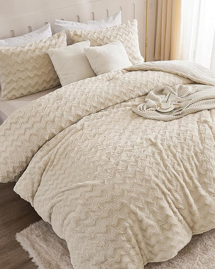 Andency Fleece Beige Comforter Set King, 3 Pieces Fuzzy Plush Faux Fur Bedding Comforter, Fluffy Shaggy Warm Sherpa Bed Set for Winter (104x90Inch Comforter) - LeafyLoom