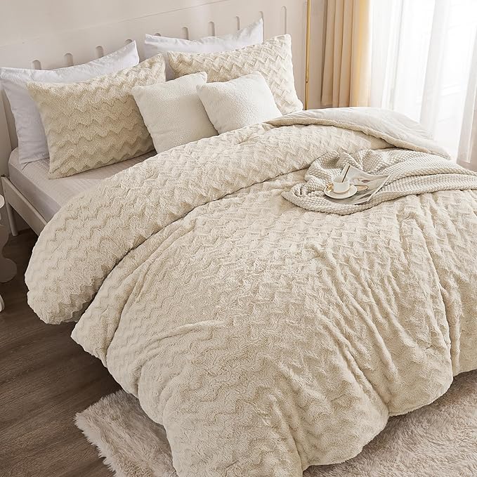 Andency Fleece Beige Comforter Set King, 3 Pieces Fuzzy Plush Faux Fur Bedding Comforter, Fluffy Shaggy Warm Sherpa Bed Set for Winter (104x90Inch Comforter) - LeafyLoom