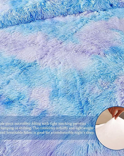 WINLIFE Shaggy Bedding Comforter Set Faux Fur Flannel Furry Comforter Microfiber Plush Comforter Sets Pastel Gradient Ombre Tie Dye MultiColor Bedding for Girls Adults (3Pcs, Queen, Purple Blue) - LeafyLoom