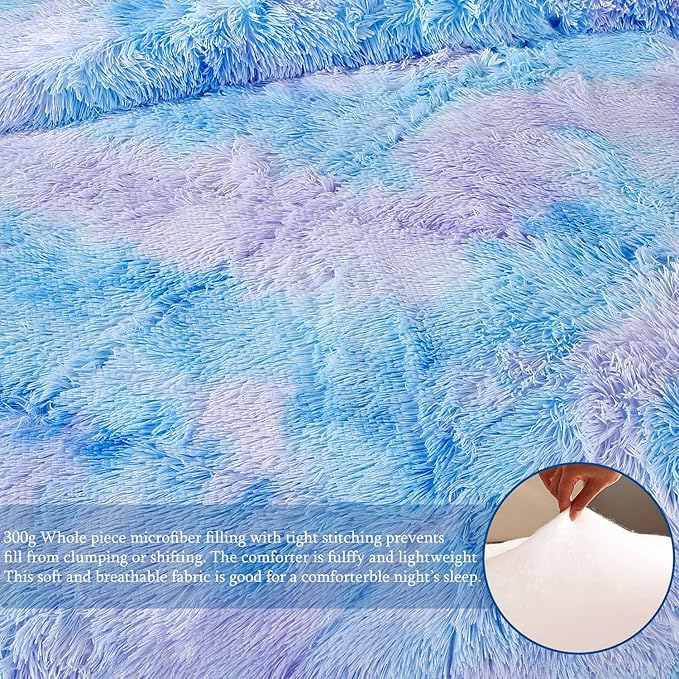 WINLIFE Shaggy Bedding Comforter Set Faux Fur Flannel Furry Comforter Microfiber Plush Comforter Sets Pastel Gradient Ombre Tie Dye MultiColor Bedding for Girls Adults (3Pcs, Queen, Purple Blue) - LeafyLoom