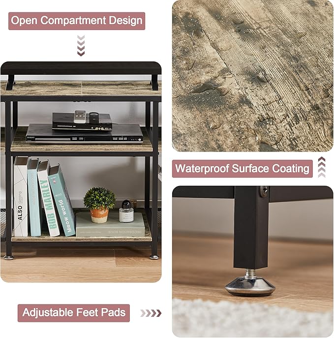 VECELO 63" TV Stand for 60/65/70 Inch Television, Entertainment Center with Storage Shelves & Hooks, 3-Tier Modern Wooden Console Table for Living, Bedroom and Gaming Room, 63 Inch, Oak Grey - LeafyLoom