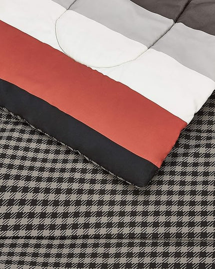 Amazon Basics Lightweight Microfiber Bed-in-a-Bag Comforter 7-Piece Bedding Set, Full/Queen, Red Simple Stripe, Plaid, Striped - LeafyLoom