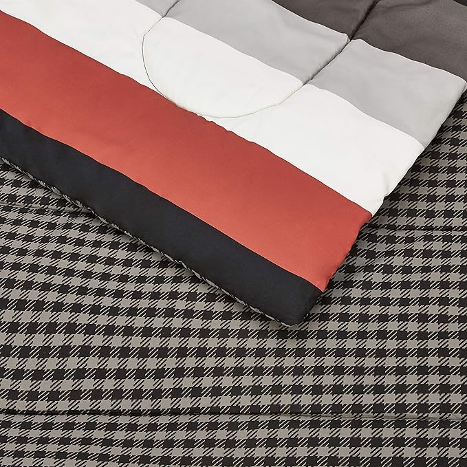 Amazon Basics Lightweight Microfiber Bed-in-a-Bag Comforter 7-Piece Bedding Set, Full/Queen, Red Simple Stripe, Plaid, Striped - LeafyLoom