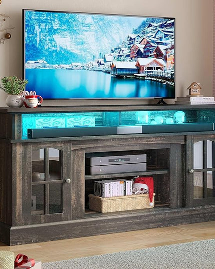 YITAHOME LED Farmhouse TV Stand for TV up to 65" w/Outlets, Highboy Media Entertainment Center Console Table Adjustable Storage Shelves &Cabinet Glass Door for 400lbs for Living Room, Dark Rustic Oak - LeafyLoom
