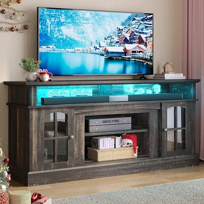 YITAHOME LED Farmhouse TV Stand for TV up to 65" w/Outlets, Highboy Media Entertainment Center Console Table Adjustable Storage Shelves &Cabinet Glass Door for 400lbs for Living Room, Dark Rustic Oak - LeafyLoom