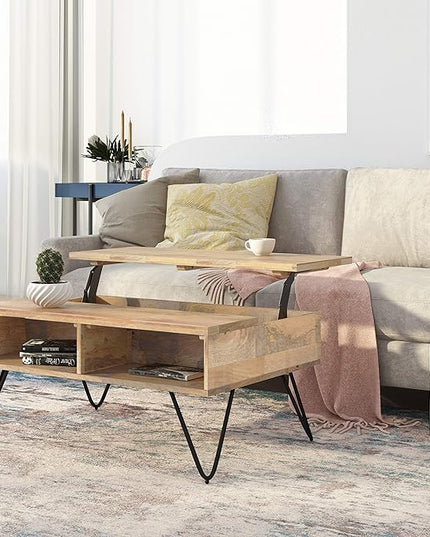 SIMPLIHOME Hunter SOLID MANGO WOOD and Metal 36 inch Wide Rectangle Industrial Contemporary Small Lift Top Coffee Table in Natural, for the Living Room and Family Room - LeafyLoom