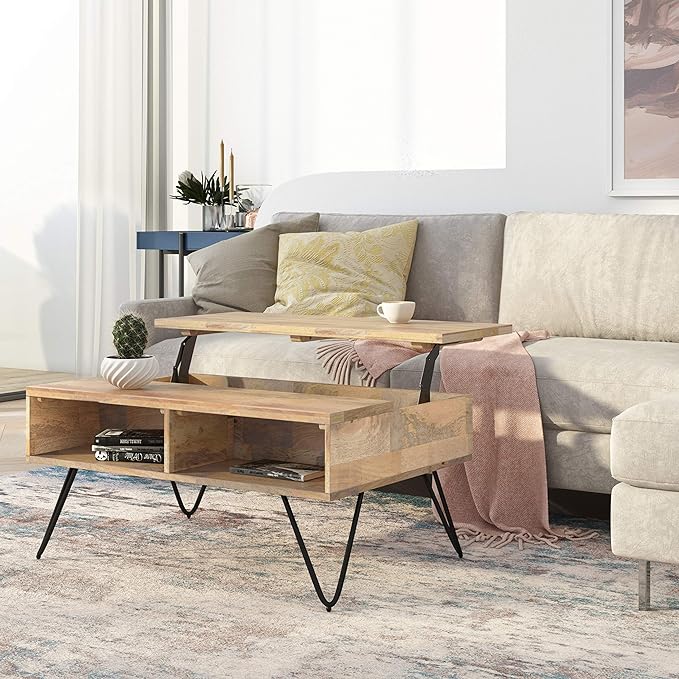 SIMPLIHOME Hunter SOLID MANGO WOOD and Metal 36 inch Wide Rectangle Industrial Contemporary Small Lift Top Coffee Table in Natural, for the Living Room and Family Room - LeafyLoom