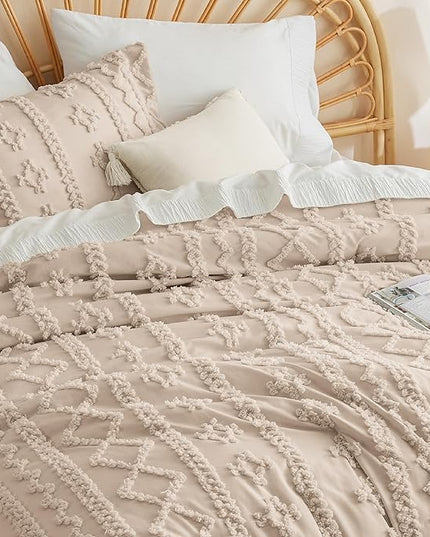 Bedsure Tufted Boho Comforter Set King - Khaki Boho Bedding Comforter Set, 3 Pieces Farmhouse Shabby Chic Embroidery Bed Set, Soft Jacquard Comforter for All Seasons - LeafyLoom