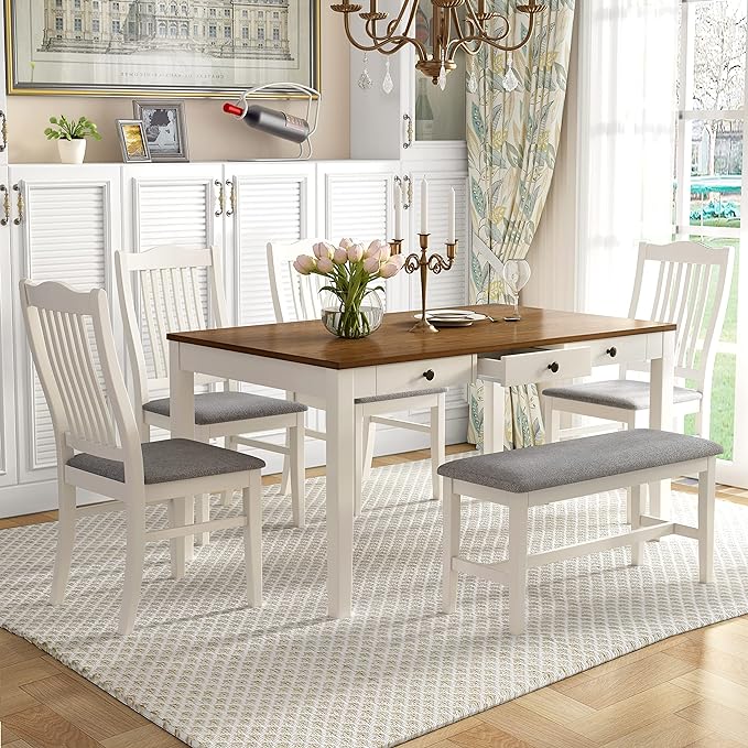 6-Piece Wood Dining Table Set with Drawer, 4 Upholstered Chairs and Bench, for Kitchen, Living Room, Mid-Century Style, Butter Milk, 59" L x 35.4" W x 30.3" H - LeafyLoom