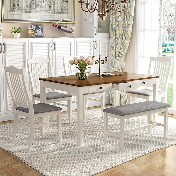 Mid-Century 6-Piece Dining, Durable&Soft Wooden Table Set with Small Storage Drawer, Upholstered Chairs and Bench for Living Room Kitchen, Butter Milk - LeafyLoom