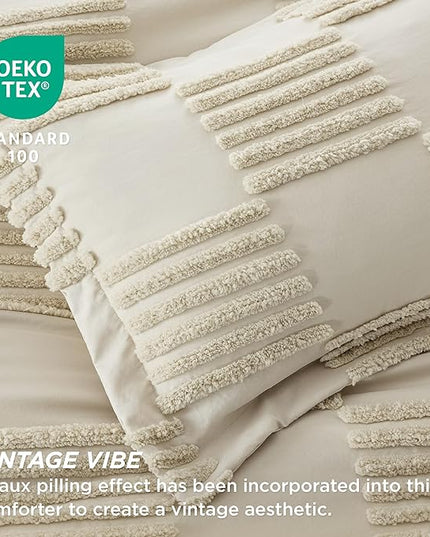 Bedsure Queen Size Comforter Set Linen, Boho Tufted Bedding Comforter Set, Grande Checkered Farmhouse Shabby Chic Bed Set, 3 Pieces, 1 Plaid Geometric Comforter and 2 Pillow Shams - LeafyLoom