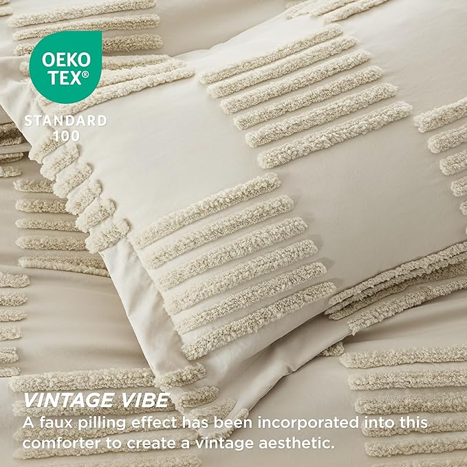 Bedsure Queen Size Comforter Set Linen, Boho Tufted Bedding Comforter Set, Grande Checkered Farmhouse Shabby Chic Bed Set, 3 Pieces, 1 Plaid Geometric Comforter and 2 Pillow Shams - LeafyLoom