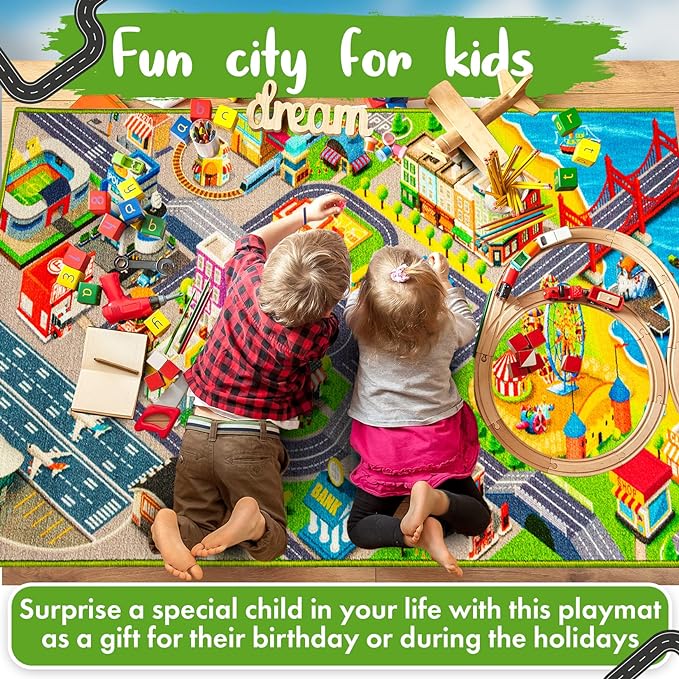 Kids Carpet Playmat City Life 3D Playroom Rug | 30 x 60 Inch Extra Large Toddler Activity Mat for Race Cars & Toys | Playroom Rug Makes a Fun Educational Gift Idea for Boys & Girls - LeafyLoom