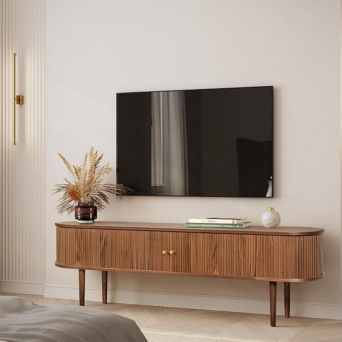 71’’ TV Stand with Storage and Shelves designed to fit 65’’ - 75’’ TVs. Wood Entertainment Center for Living Room and Bedroom, Media Console and Modern TV Console Table (Walnut) - LeafyLoom