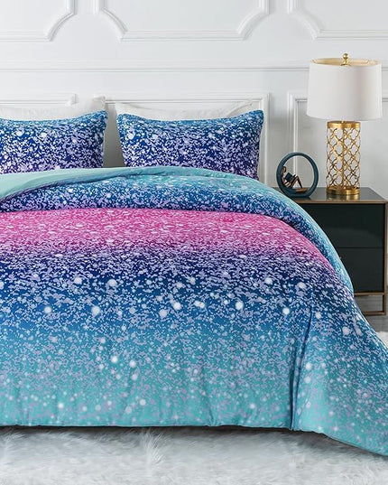 Litanika Galaxy Comforter Queen(90x90lnch), 3 Pieces(1 Blue Glitter Ombre Comforter, 2 Pillowcases), 3D Colorful Rainbow Bedding Set, Microfiber Comforter Set for Kid Boy Girl Teen - LeafyLoom